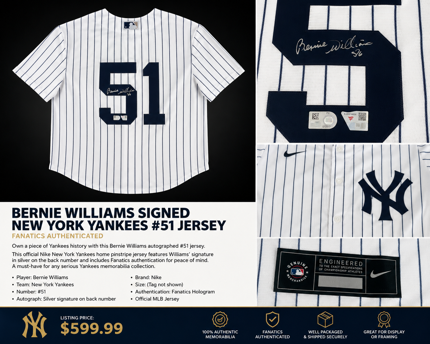 Bernie Williams Signed New York Yankees #51 Nike Jersey – Fanatics Authenticated