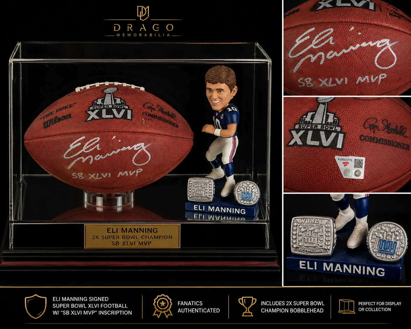 Eli Manning Signed Super Bowl XLVI Football + NY Giants 2× Super Bowl Champion Bobblehead – Fanatics Authenticated