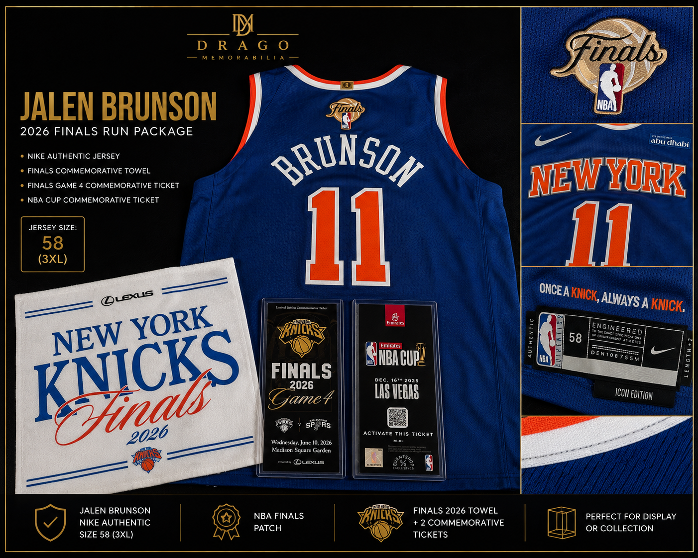 Jalen Brunson Authentic Stitched New York Knicks 2026 Finals Jersey 3XL + Finals Memorabilia Package